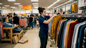 Retail worker restocking clothes in busy store
