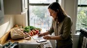 Woman plans grocery list in real kitchen