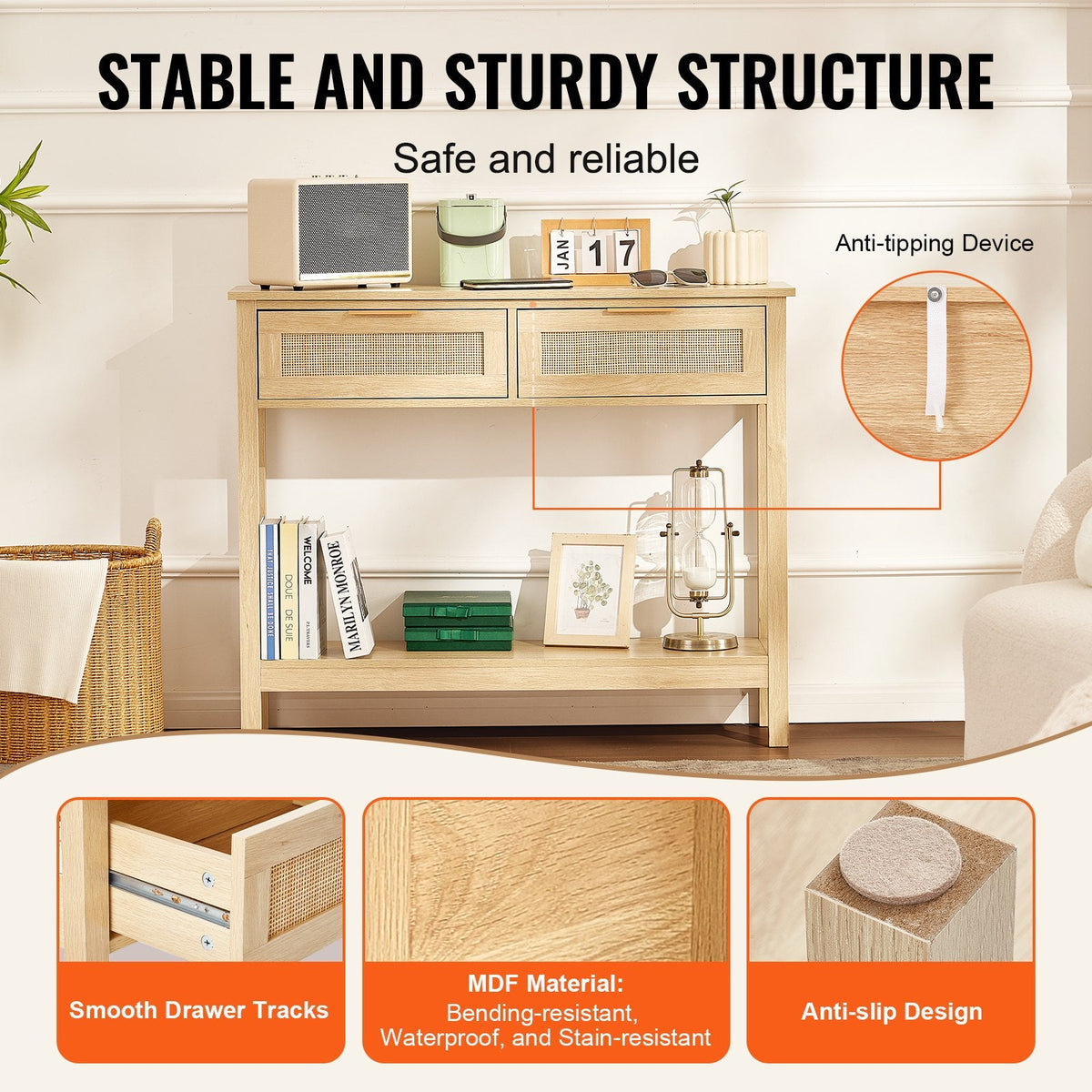 Rattan Console Table With 2 Storage Drawers, Rattan Entryway Table