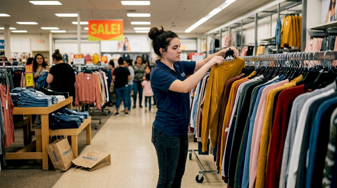 Retail worker restocking clothes in busy store
