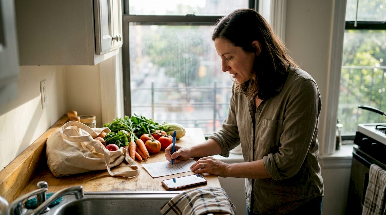 Woman plans grocery list in real kitchen