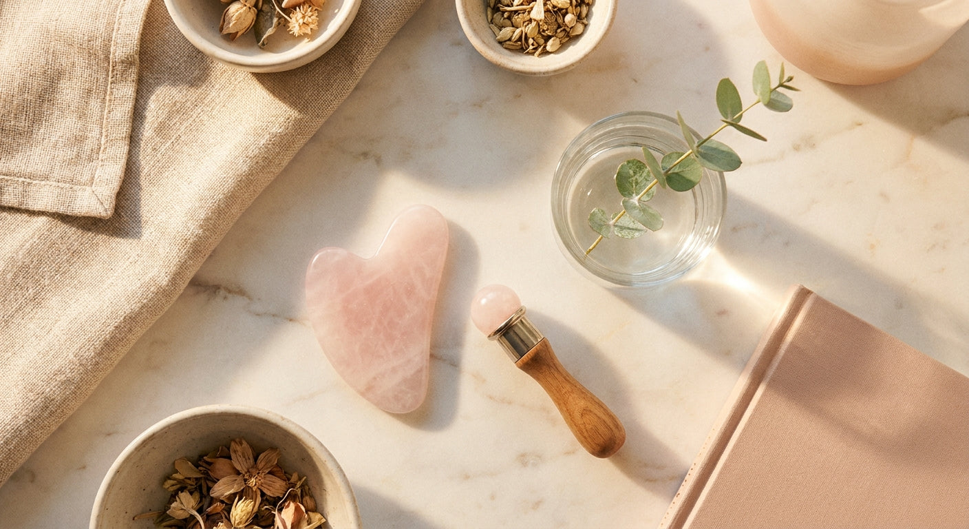 A sunlit flat lay of gua sha and Kansa wand wellness tools arranged on a marble surface with eucalyptus and a glass of water, evoking a calm morning ritual.