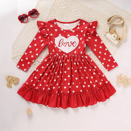 Toddler Girl's Cute 'LOVE' Embroidered Dress, Heart Print Long Sleeve