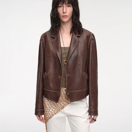 New Zealand imported waxed sheepskin distressed short leather jacket