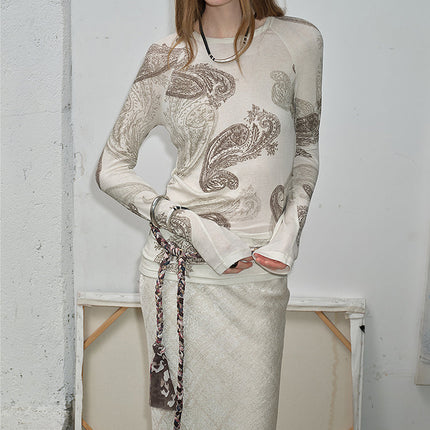 Tencel wool original cashew print round neck slim long sleeve and