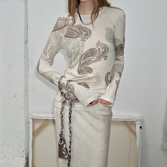Tencel wool original cashew print round neck slim long sleeve and