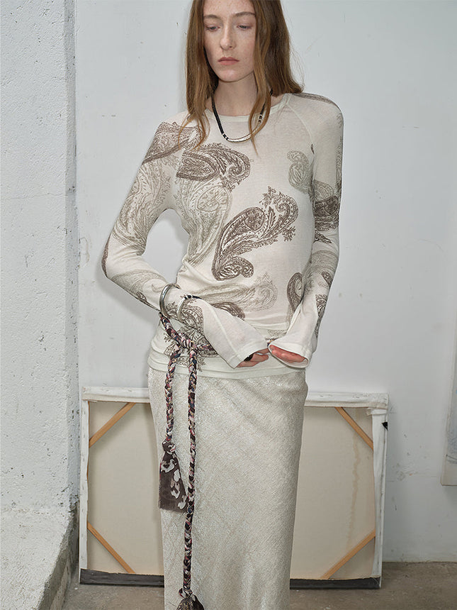 Tencel wool original cashew print round neck slim long sleeve and