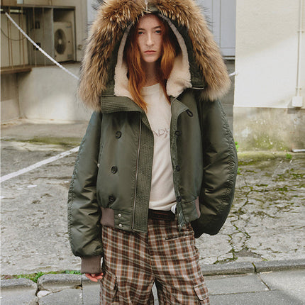 Fireladyfur Warm Short Style Jacket with a Large fur Hood and Raccoon