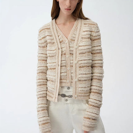 "Nice Weekend" striped mixed woven V-neck early spring layered knitted