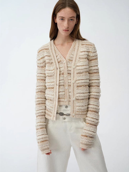 "Nice Weekend" striped mixed woven V-neck early spring layered knitted