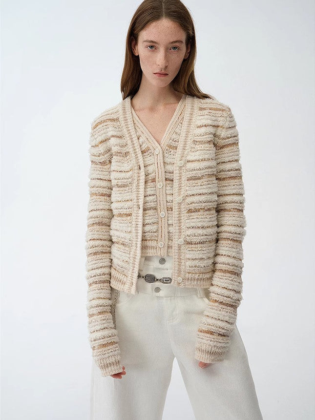 "Nice Weekend" striped mixed woven V-neck early spring layered knitted