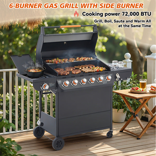 6 Burner BBQ Propane Gas Grill With Side Burner 72000 BTU Output