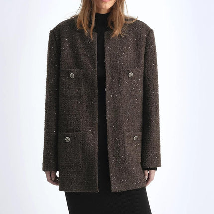 Circle Texture Sequined Wool Tweed Round Neck Long Chanel Style Coat