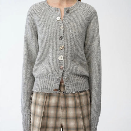 "Hokkaido Weaving Love" wool blend crew neck cardigan top