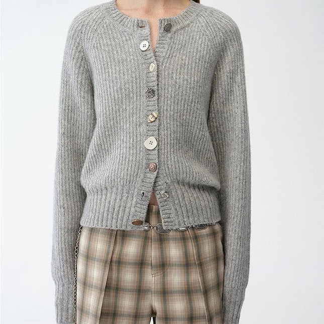 "Hokkaido Weaving Love" wool blend crew neck cardigan top