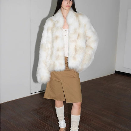Polar Snow Casual Handmade Swoosh Printed Stand Up Lapel Fox Fur Coat