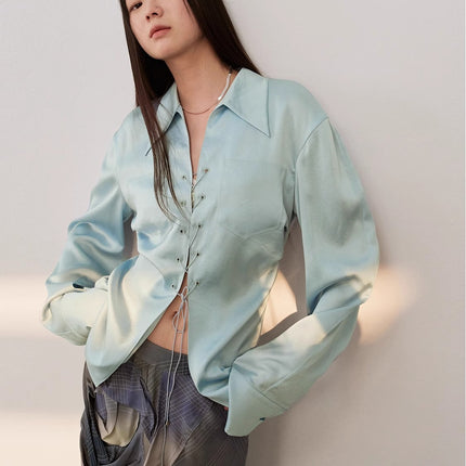 "Mercerized Spring Shadow" Acetate Shirt Women's Hollow String Pleated