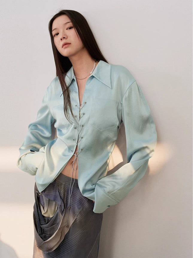 "Mercerized Spring Shadow" Acetate Shirt Women's Hollow String Pleated