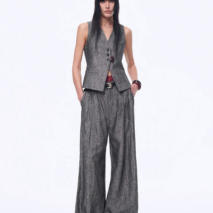 Fireladyfur Women's Linen Suit Set: Draped Vest & High-Waist Straight