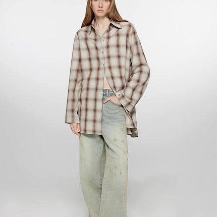 "Tea Grid" high-quality high-count cotton loose retro plaid shirt