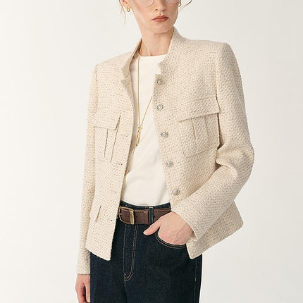 Heavy wool blend tweed stand collar waist cropped coat