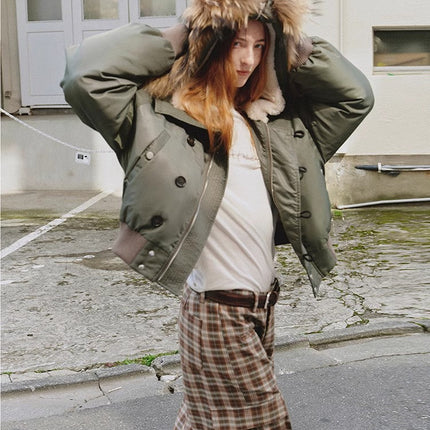 Fireladyfur Warm Short Style Jacket with a Large fur Hood and Raccoon
