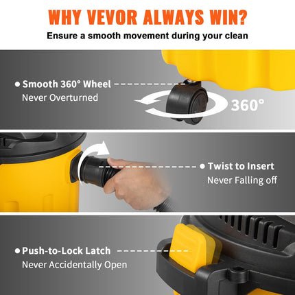 VEVOR Wet Dry Vac, 2.6 Gallon, 2.5 Peak HP, 3 In 1 Shop Vacuum With