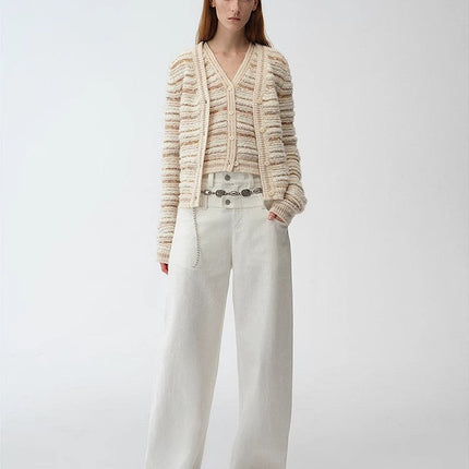 "Nice Weekend" striped mixed woven V-neck early spring layered knitted