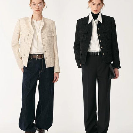 Heavy wool blend tweed stand collar waist cropped coat