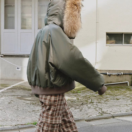 Fireladyfur Warm Short Style Jacket with a Large fur Hood and Raccoon