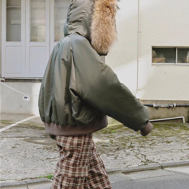 Fireladyfur Warm Short Style Jacket with a Large fur Hood and Raccoon