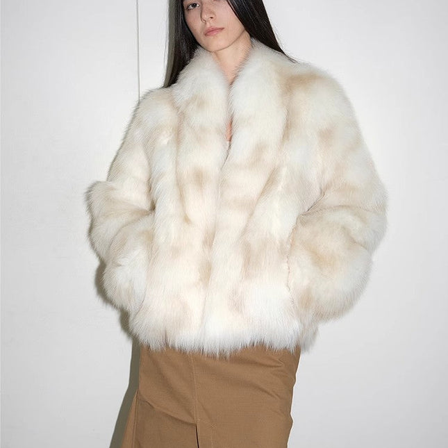 Polar Snow Casual Handmade Swoosh Printed Stand Up Lapel Fox Fur Coat