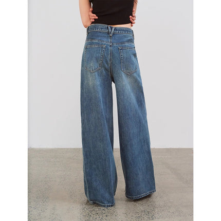 "Silent Deep Sea"Washed Vintage Blue Straight-leg Workwear Jeans for