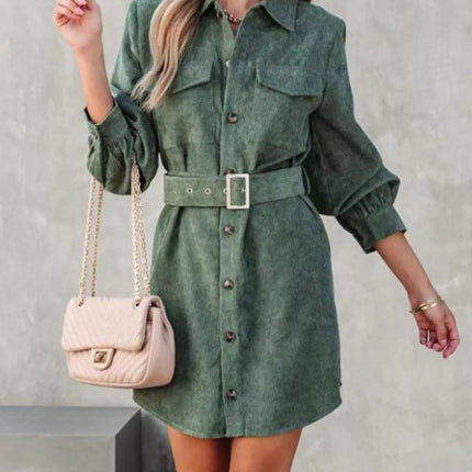 Stylish Button Front Belt Long Sleeve : Corduroy Dress