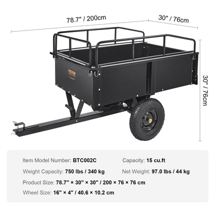 VEVOR Heavy Duty ATV Trailer Steel Dump Cart, 750-Pound 15 Cubic Feet,
