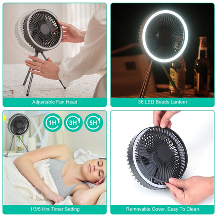 Camping Fan With Lantern Rechargeable Battery Powered Portable Tripod