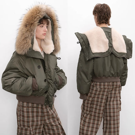 Fireladyfur Warm Short Style Jacket with a Large fur Hood and Raccoon