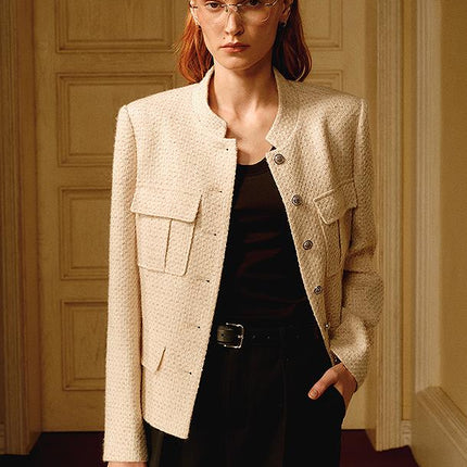 Heavy wool blend tweed stand collar waist cropped coat