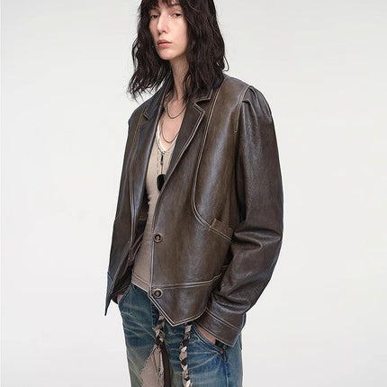 New Zealand imported waxed sheepskin distressed short leather jacket
