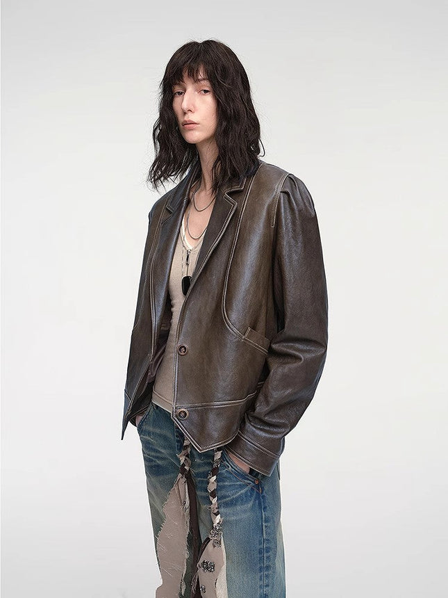 New Zealand imported waxed sheepskin distressed short leather jacket