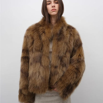 Polar Snow Casual Handmade Swoosh Printed Stand Up Lapel Fox Fur Coat