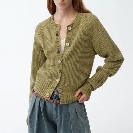 "Hokkaido Weaving Love" wool blend crew neck cardigan top
