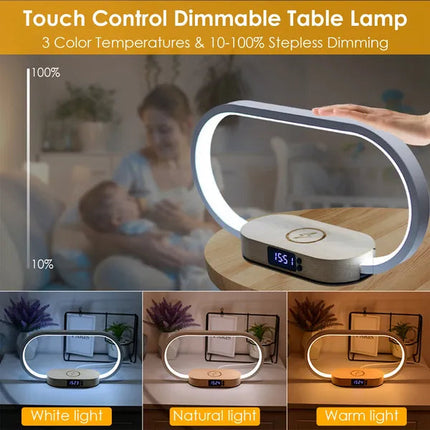 Bedside Table Lamp Touch Control Lamp With Clock Wireless Charging LED