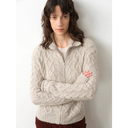 Vintage warm flower pattern basic top mohair wool cable blend zipper