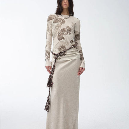 Tencel wool original cashew print round neck slim long sleeve and