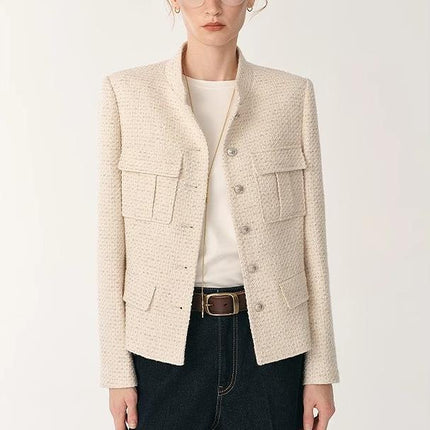 Heavy wool blend tweed stand collar waist cropped coat