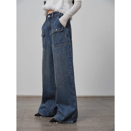 "Silent Deep Sea"Washed Vintage Blue Straight-leg Workwear Jeans for