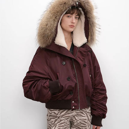 Fireladyfur Warm Short Style Jacket with a Large fur Hood and Raccoon