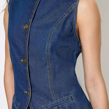 Button Up Sleeveless Denim Top and Shorts Set