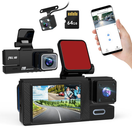 1Pc WiFi FHD 1080P Car Dash Cam 3 Channels Front Rear Inside Dash